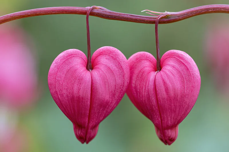 Two pink bleeding heart flowers hanging from a curved stem against a soft green background
