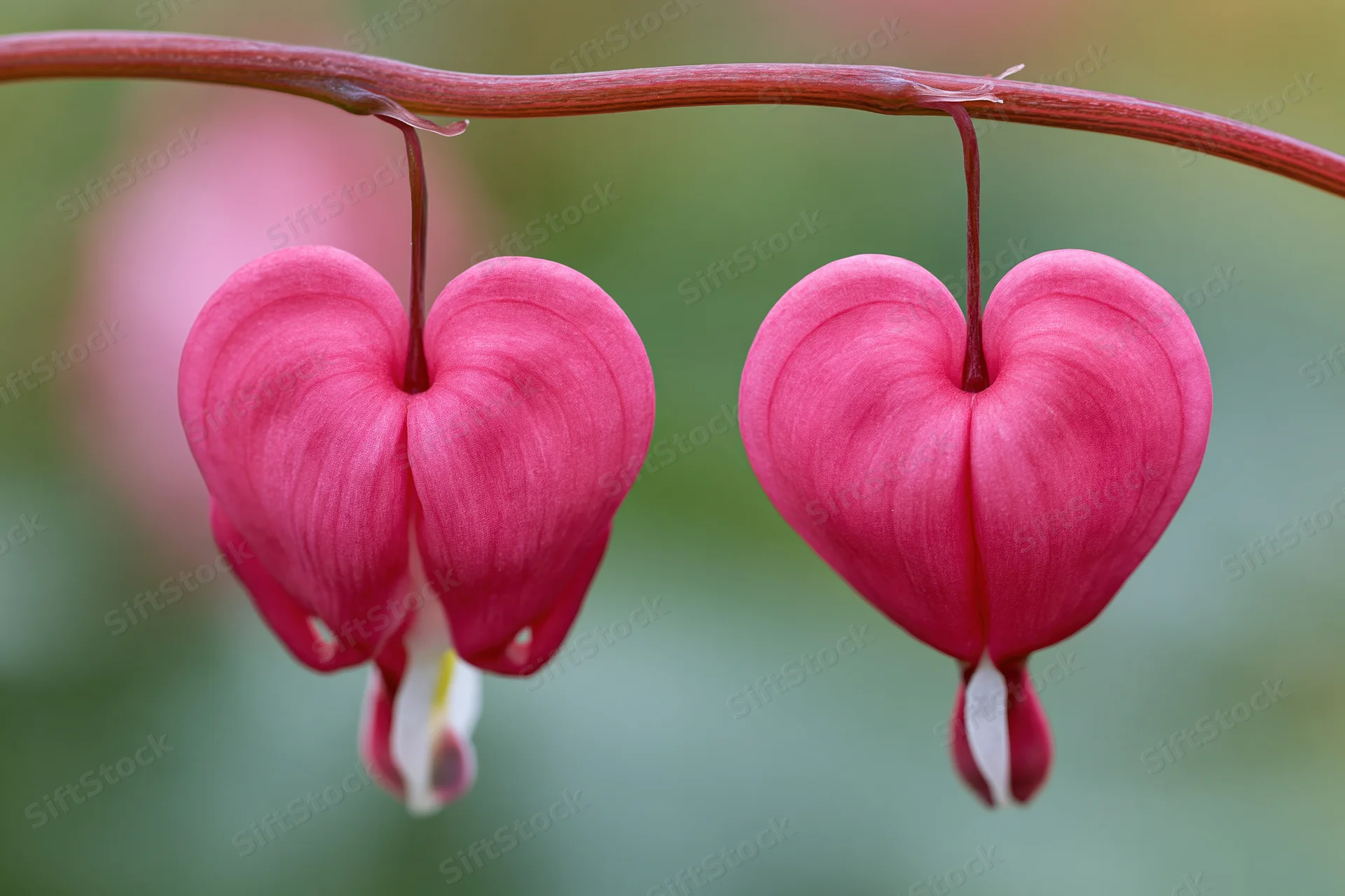 Two pink heart-shaped bleeding heart flowers hanging from a curved stem in a garden setting