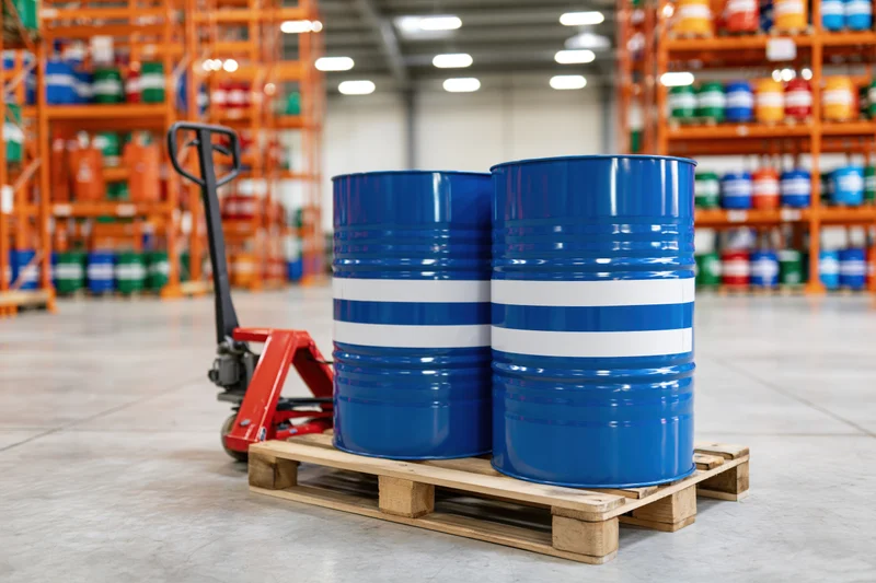 Two blue metal industrial drums with white label bands on a wooden pallet in a warehouse, loaded and ready for transport, surrounded by shelving and storage units
