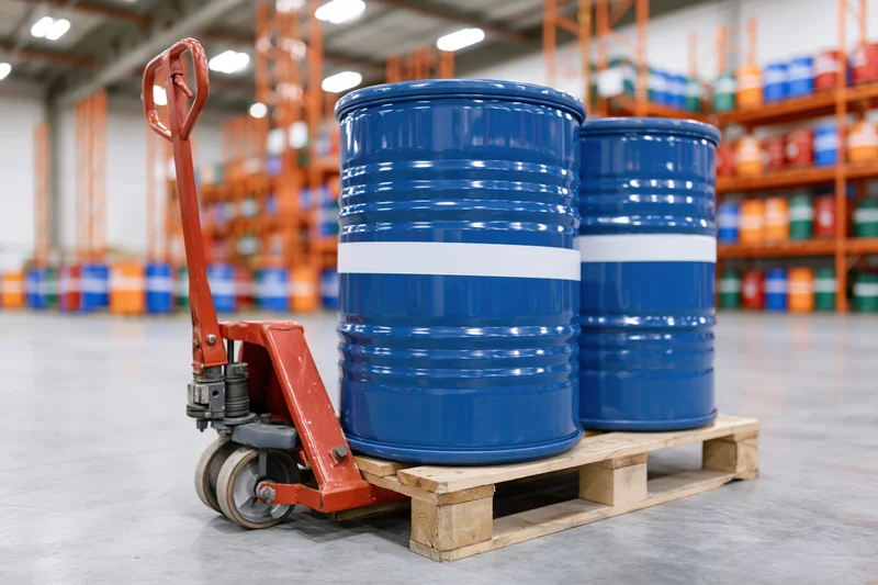 Two blue metal industrial drums on a wooden pallet with a red pallet jack in a warehouse