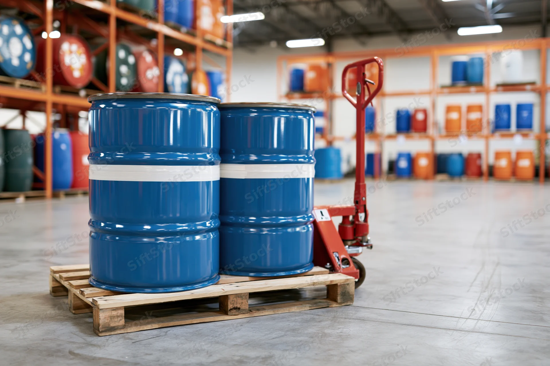 Two blue metal industrial drums on a wooden pallet in a warehouse with shelving and a pallet jack nearby