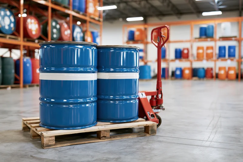 Two blue metal industrial drums on a wooden pallet in a warehouse with shelving and a pallet jack nearby