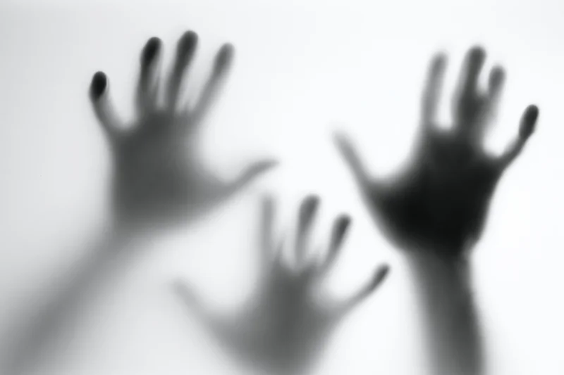 Blurred hands pressing against frosted glass in a white space