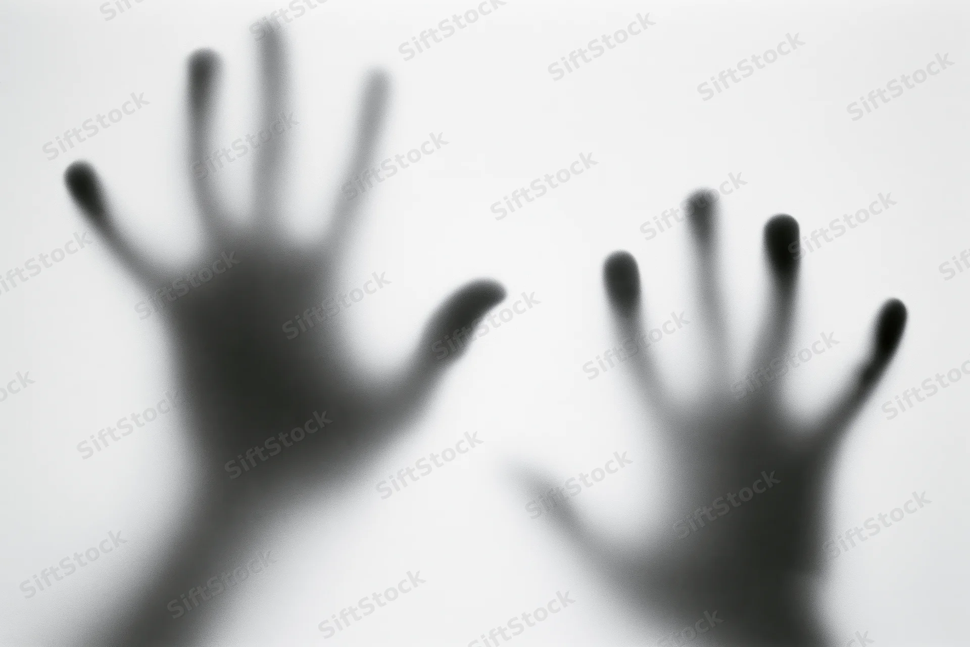Blurred hands pressing against frosted glass in a white interior
