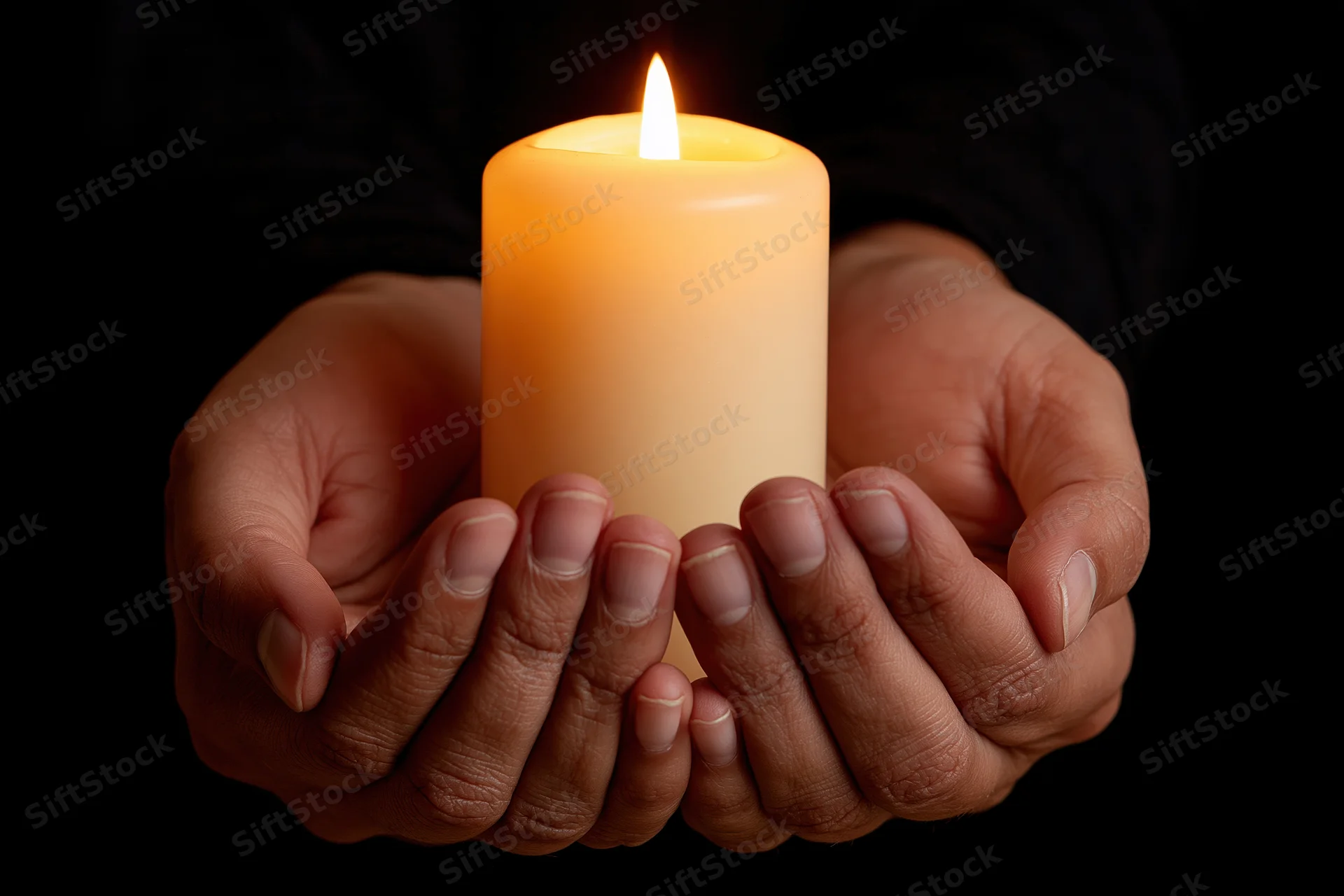 Cupped hands holding a lit pillar candle against a dark background