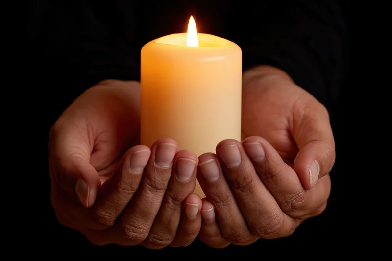 Cupped hands holding a lit pillar candle against a dark background