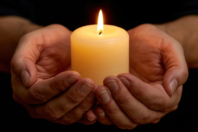 Cupped hands holding a lit pillar candle against dark background