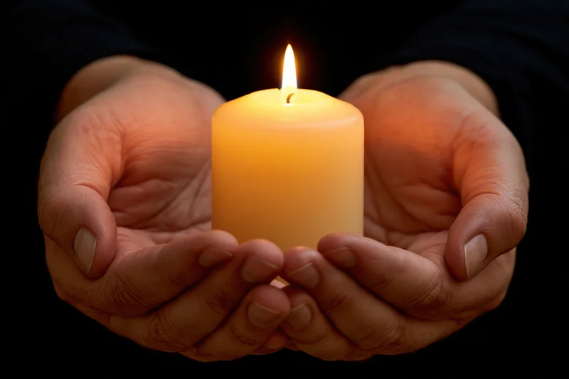 Cupped hands holding a lit pillar candle in darkness
