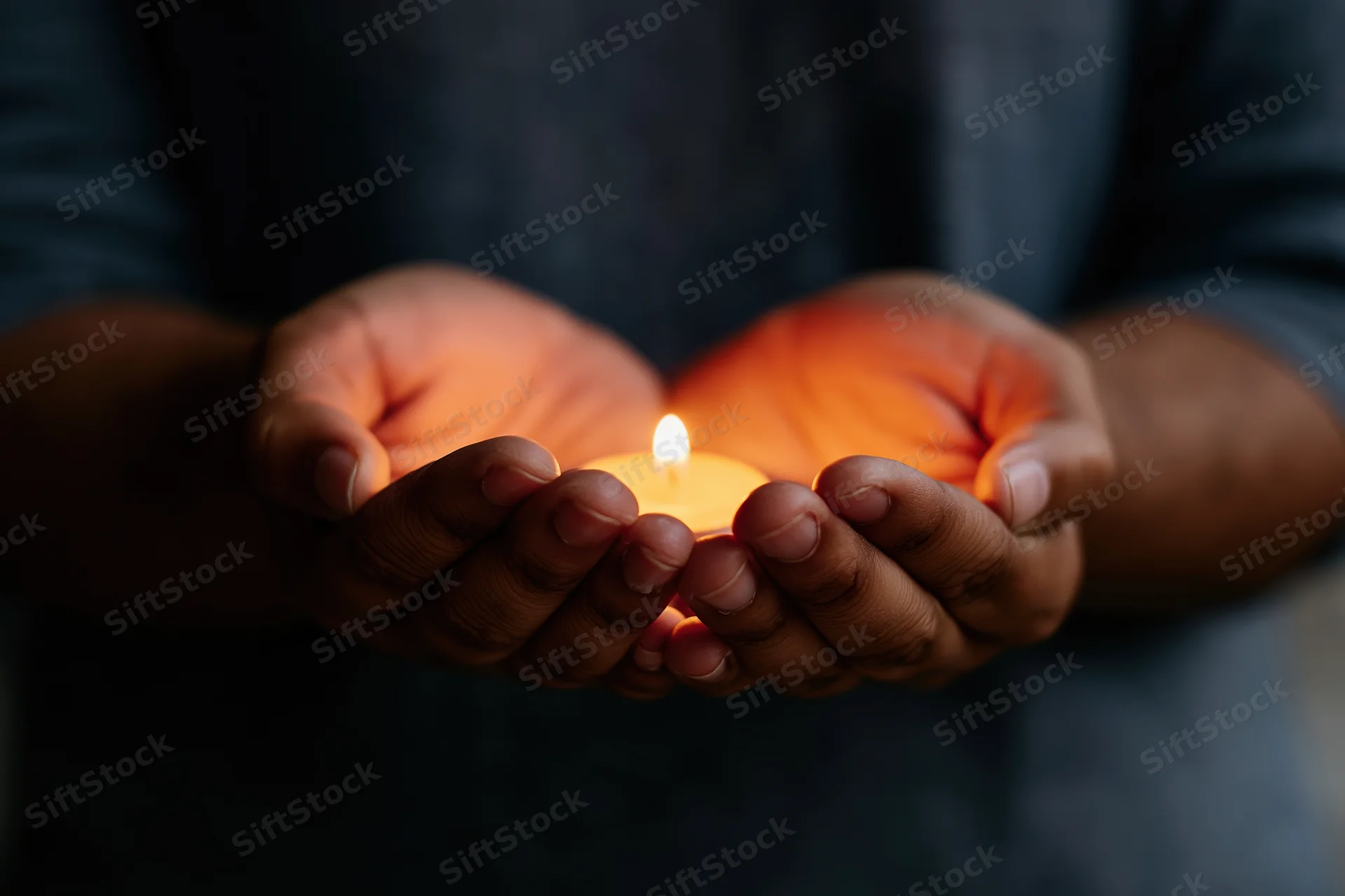 Cupped hands holding a small lit candle in dim light