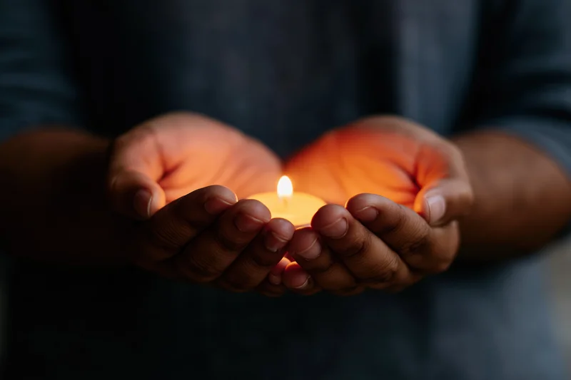 Cupped hands holding a small lit candle in dim light