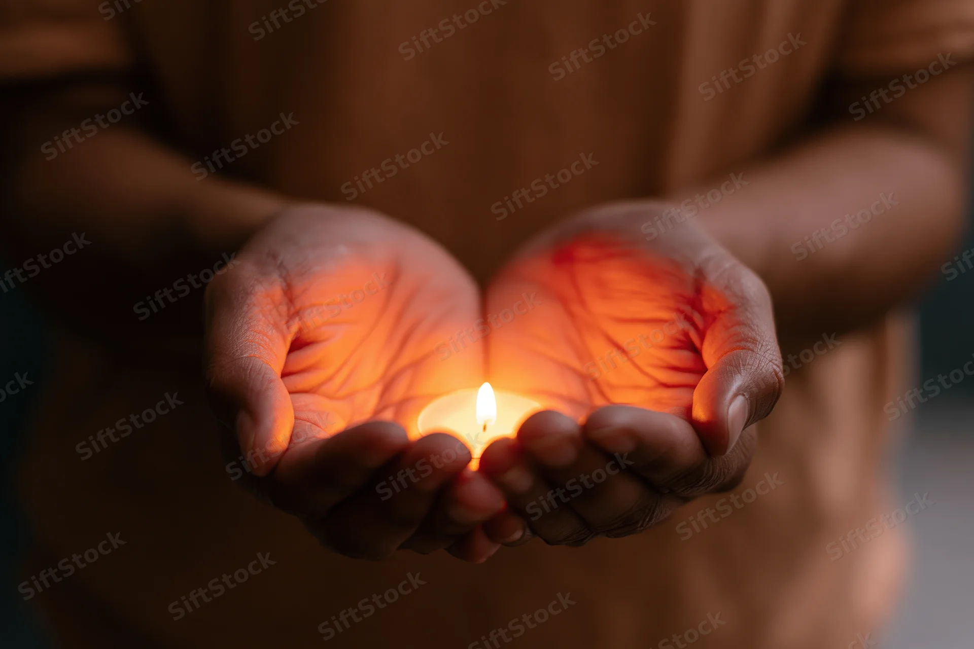 Woman holding a small lit candle in cupped hands indoors
