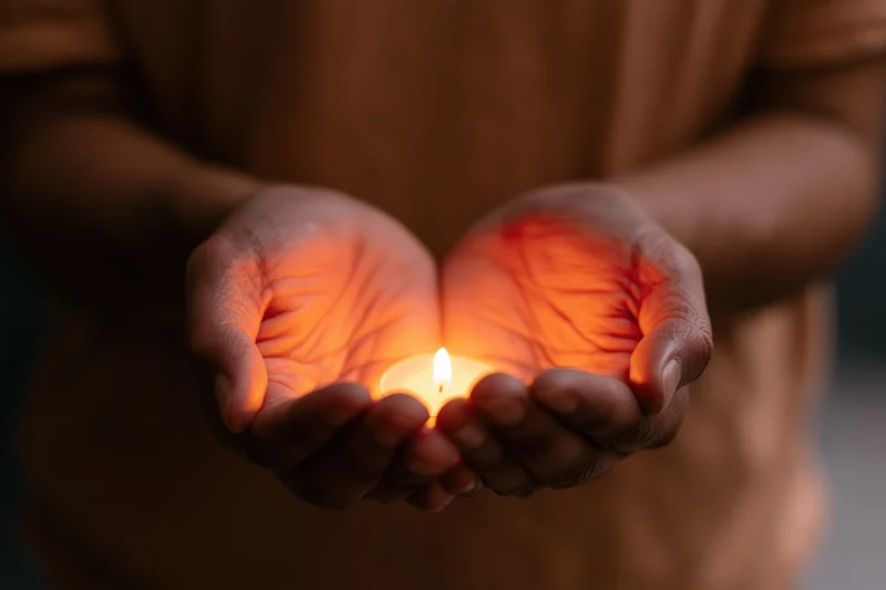 Woman holding a small lit candle in cupped hands indoors