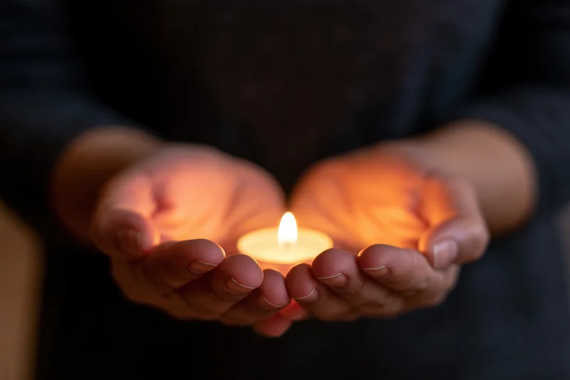 Cupped hands holding a small lit candle in the dark