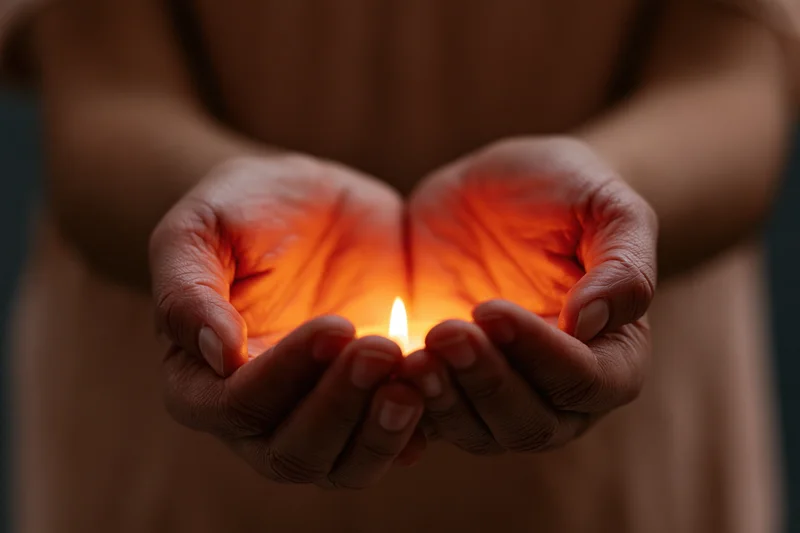 Cupped hands holding a small glowing candle in a dimly lit setting