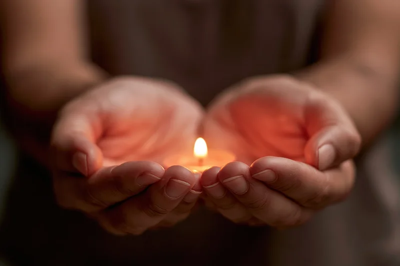 Cupped hands holding a small lit candle in a dim setting