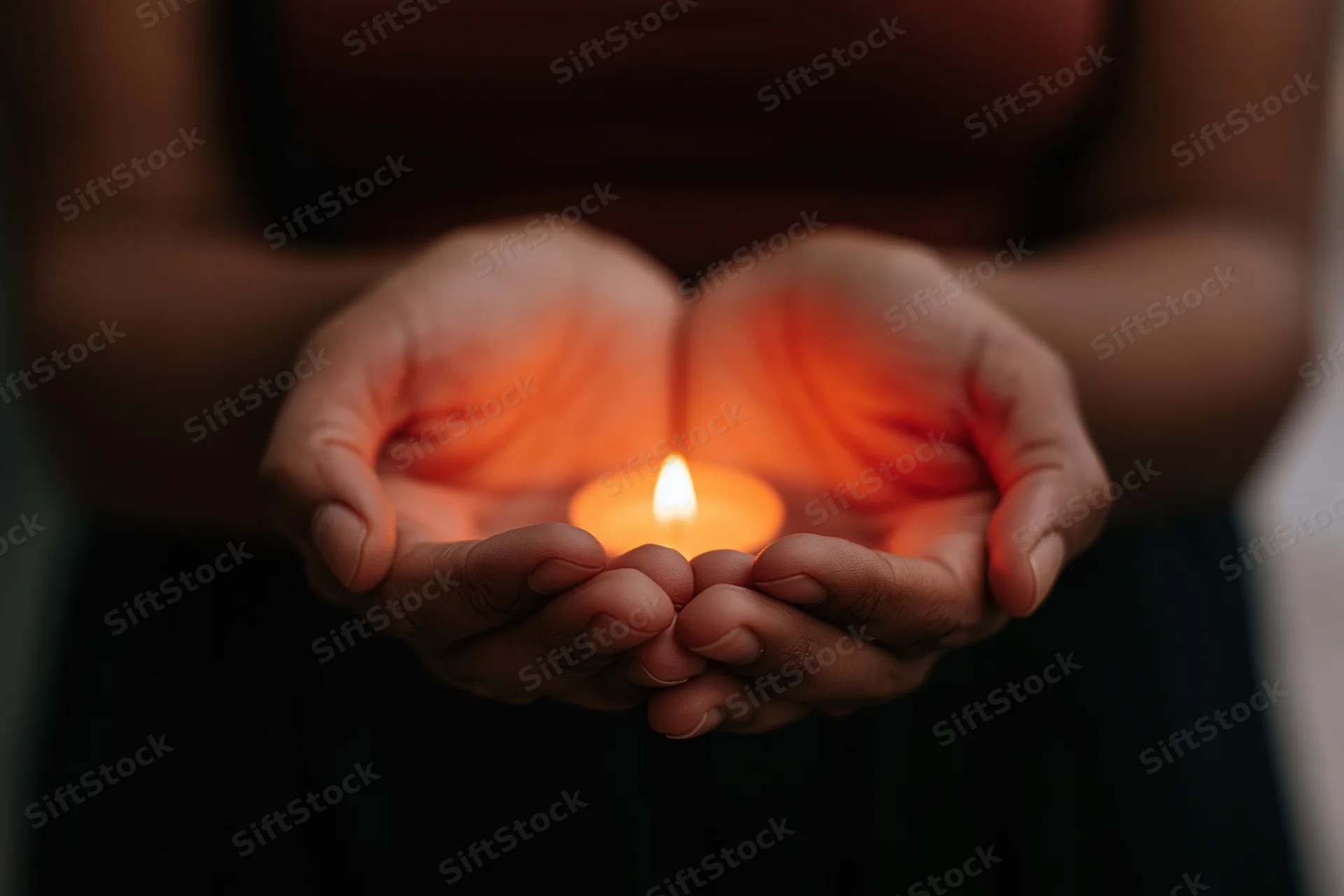 Cupped hands holding a small glowing candle in a dim setting
