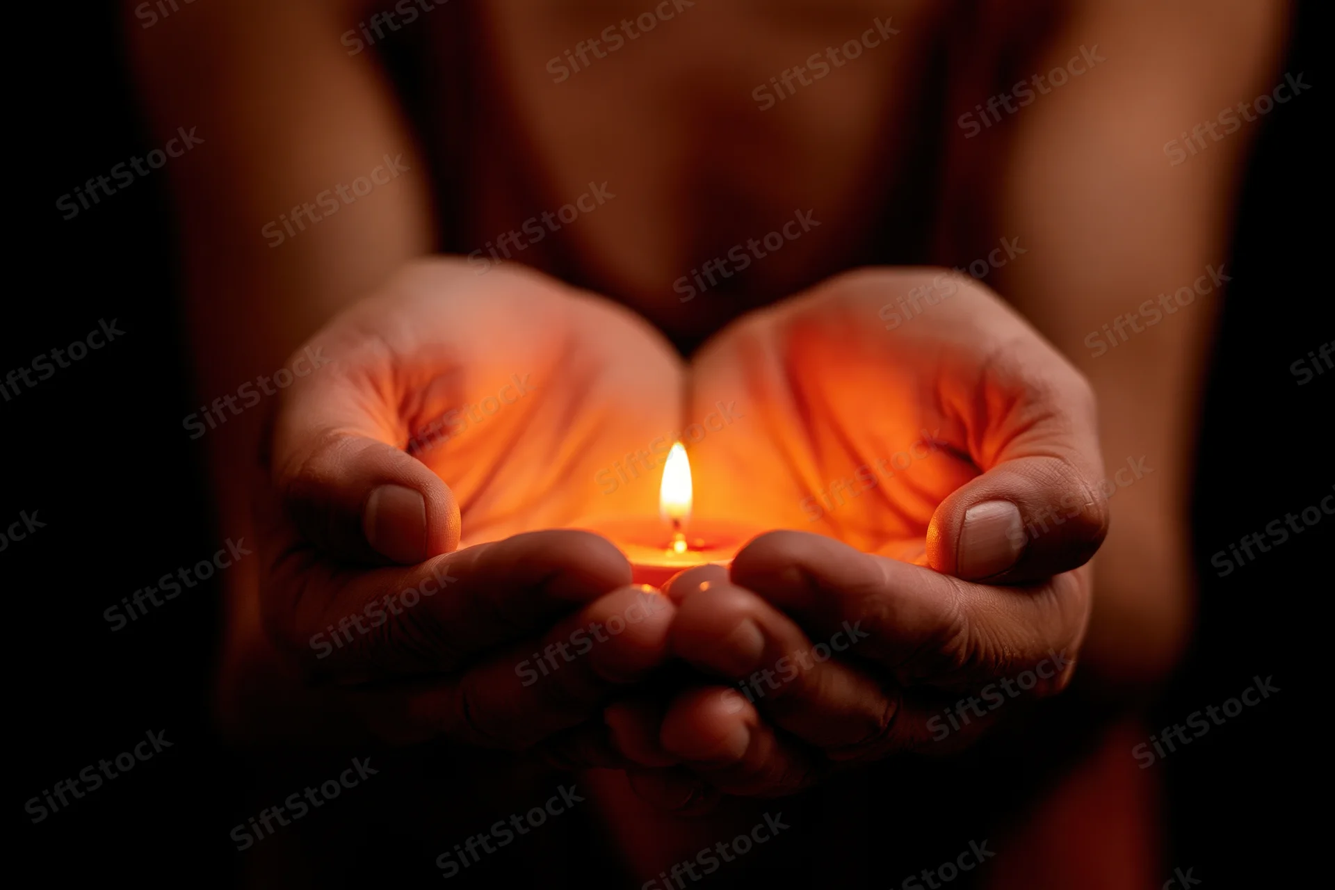 Cupped hands holding a small lit candle in the dark