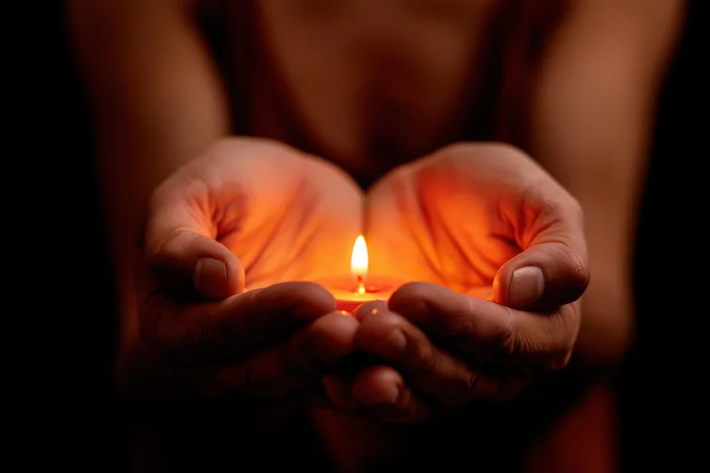 Cupped hands holding a small lit candle in the dark