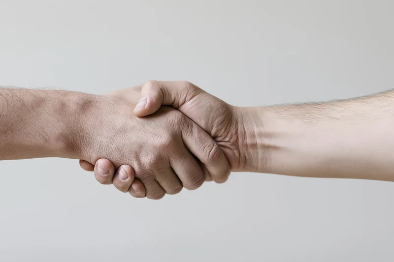 Two hands shaking in a firm grip against a plain white background
