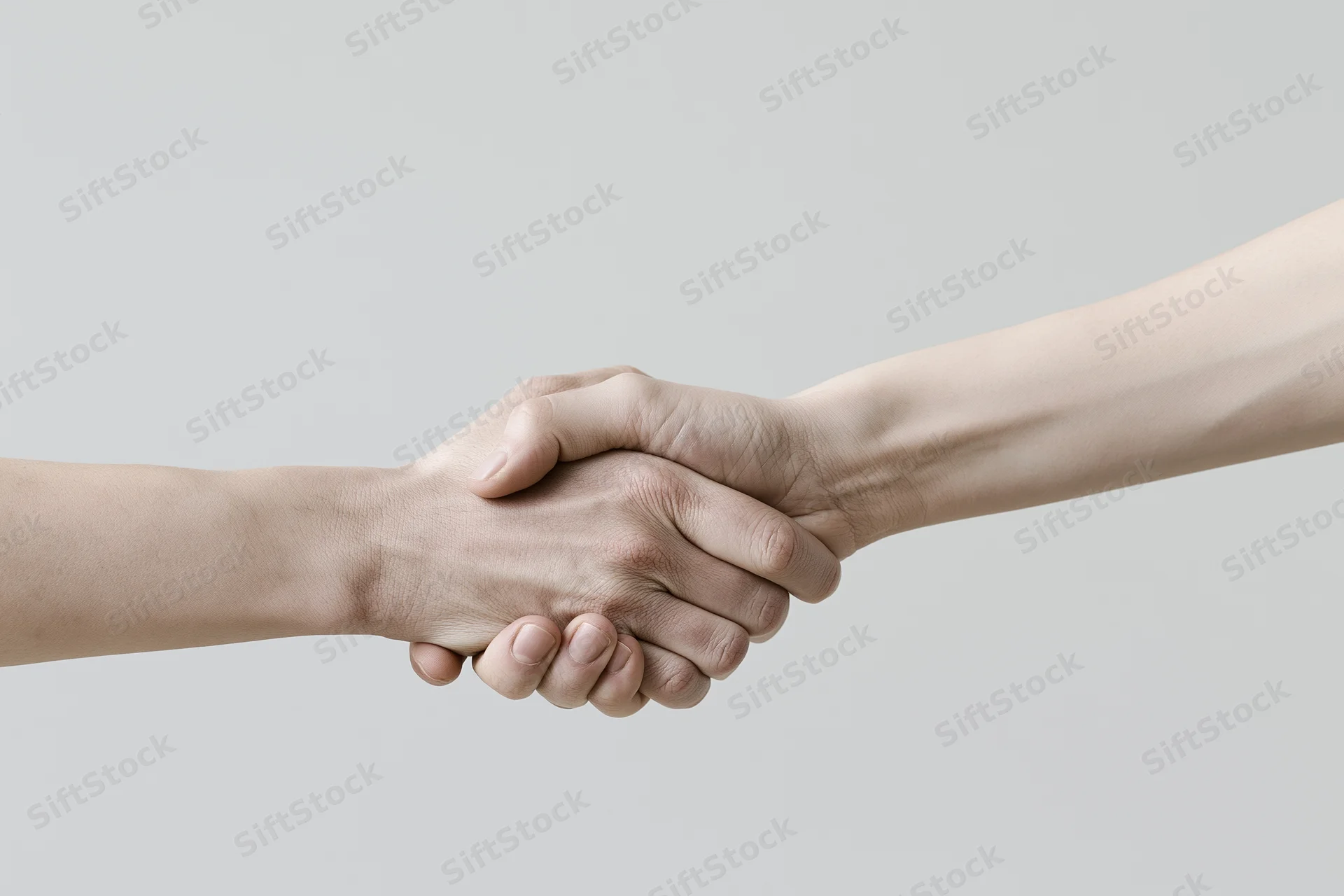 Two hands shaking in a firm grip against a plain background