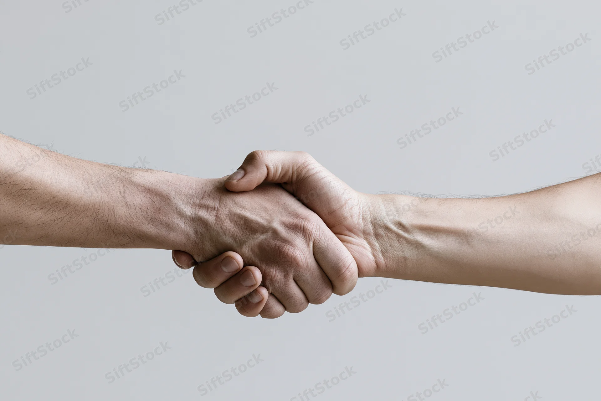 Two hands shaking firmly against a plain light gray background