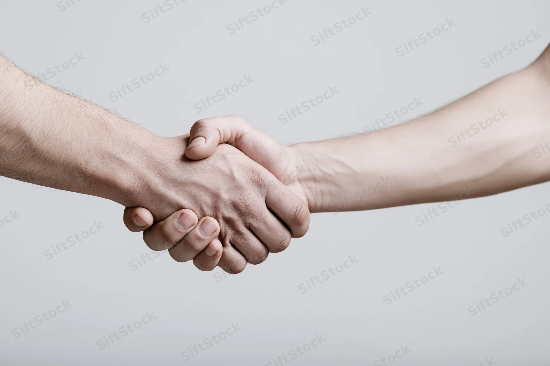Two hands shaking in a firm grip against a plain white background
