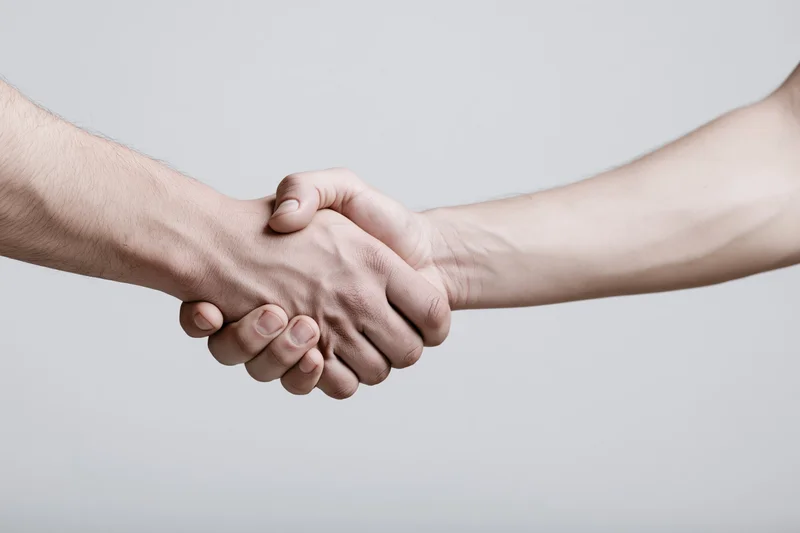 Two hands shaking in a firm grip against a plain white background