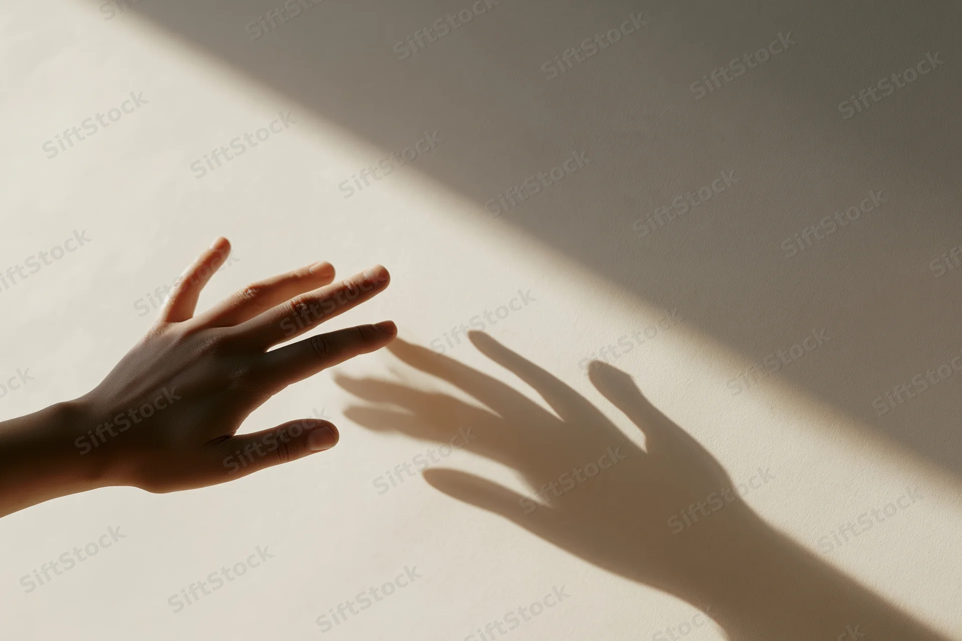 Hand reaching toward its shadow on a sunlit off-white wall