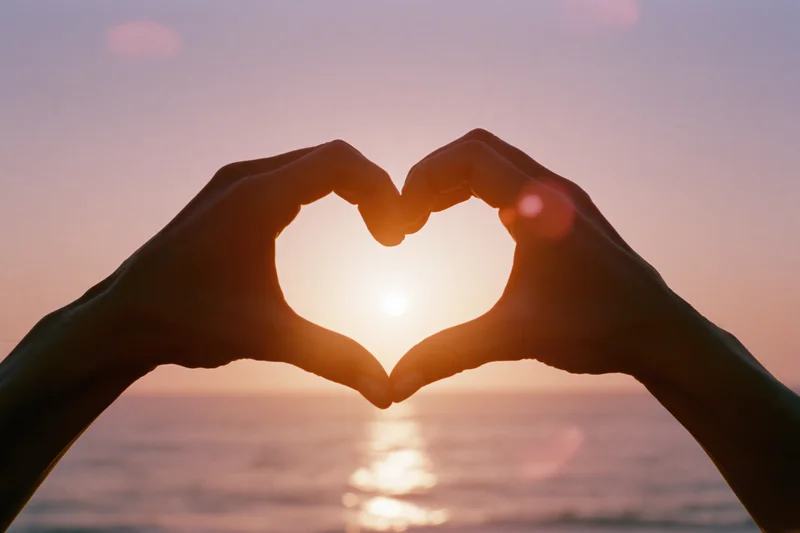 Hands forming heart shape against sunset over ocean