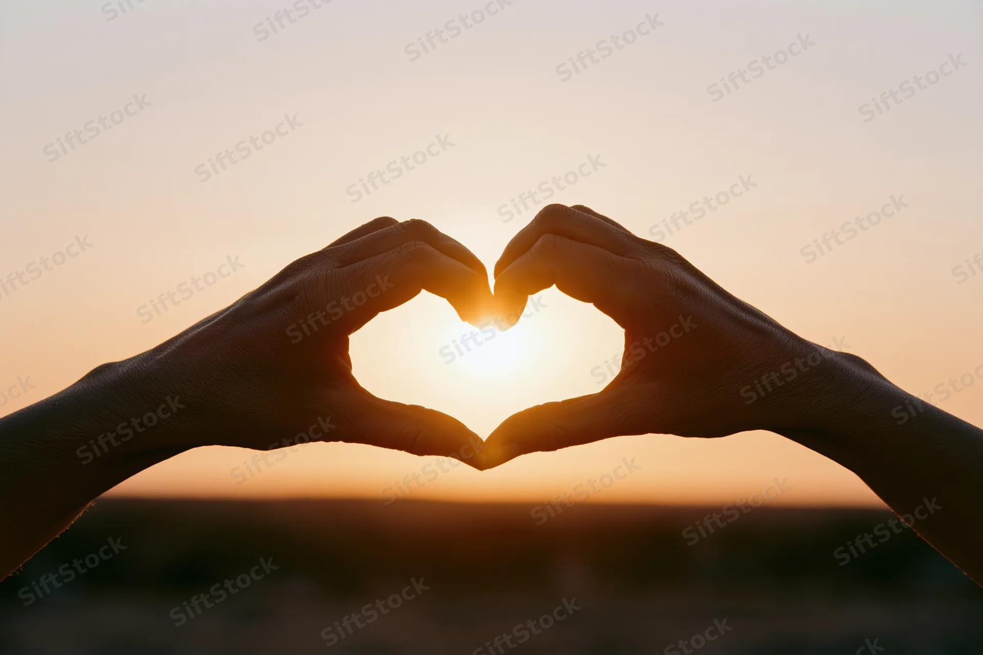 Hands forming heart shape against setting sun