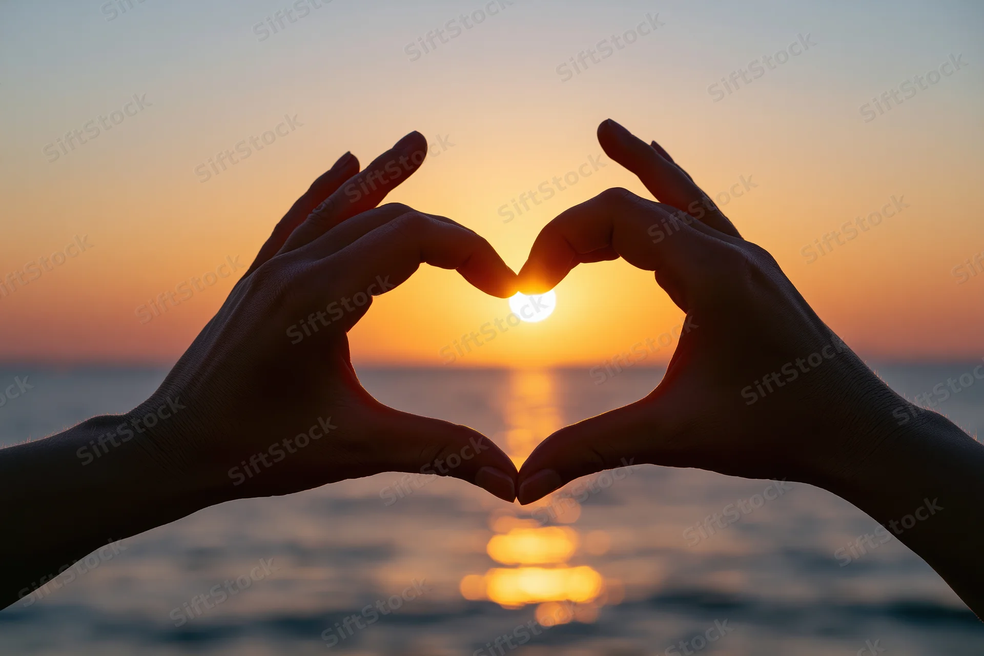 Hands forming heart shape silhouetted against sunset over ocean