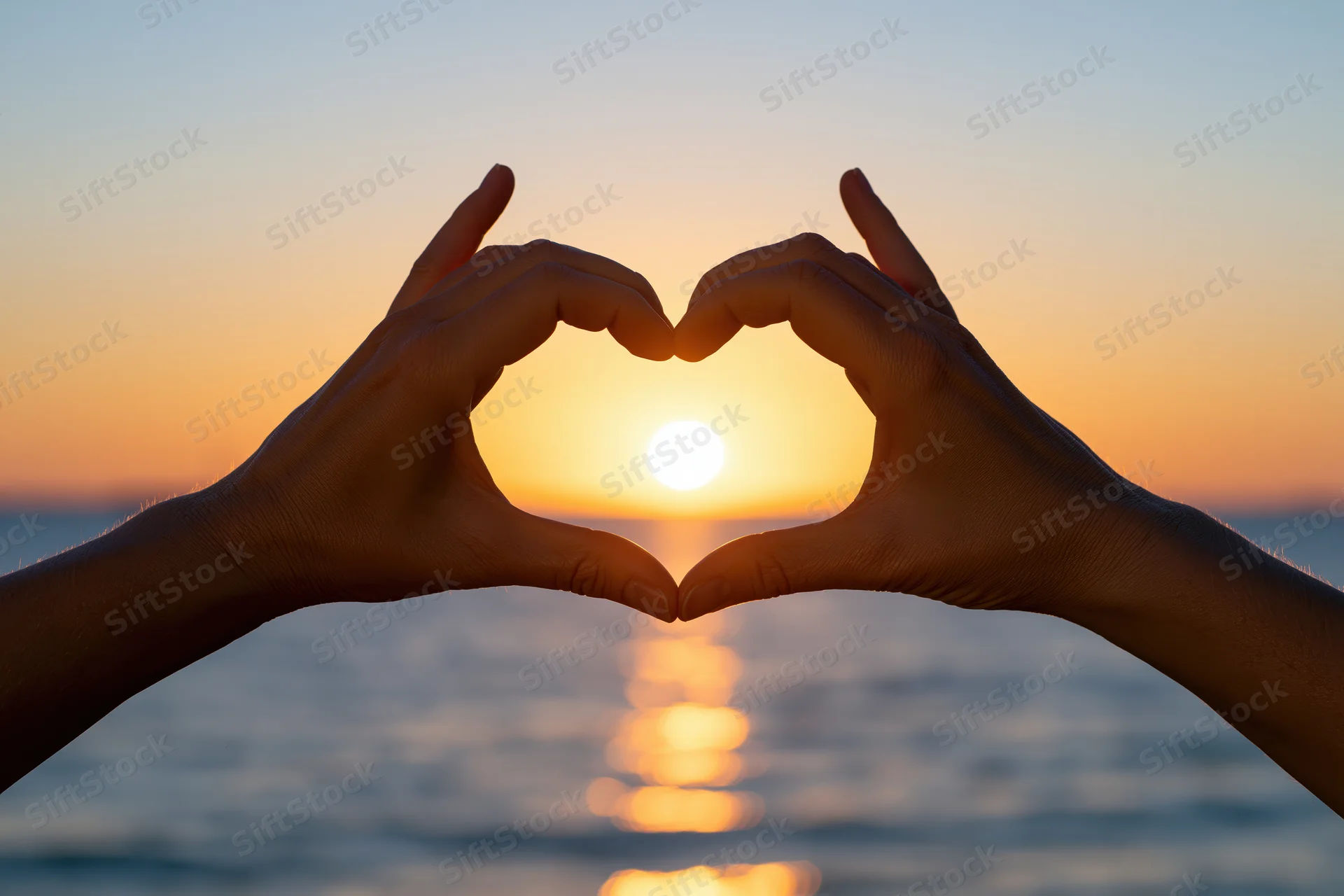 Hands forming heart shape silhouetted against sunset over ocean