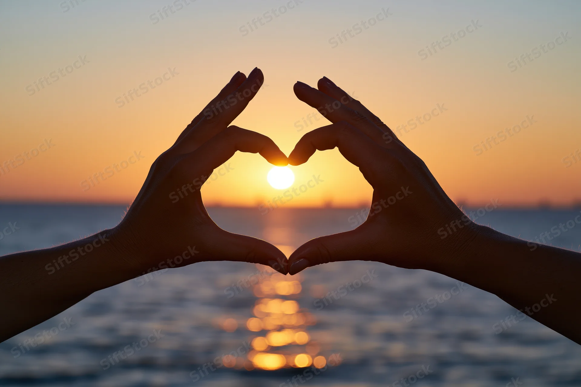 Hands forming heart shape silhouetted against sunset over ocean