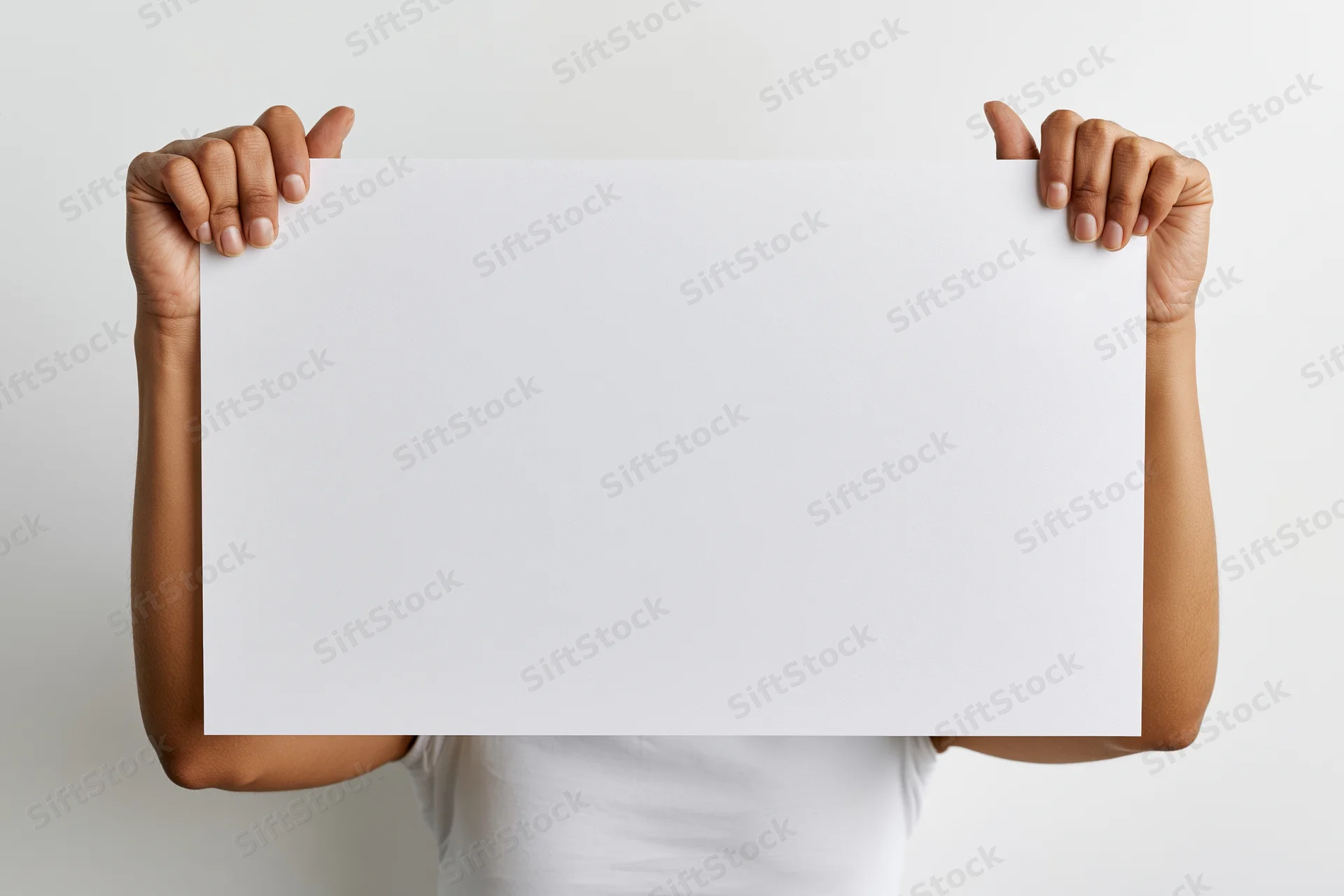 Hands holding blank white paper in front of torso, studio shot