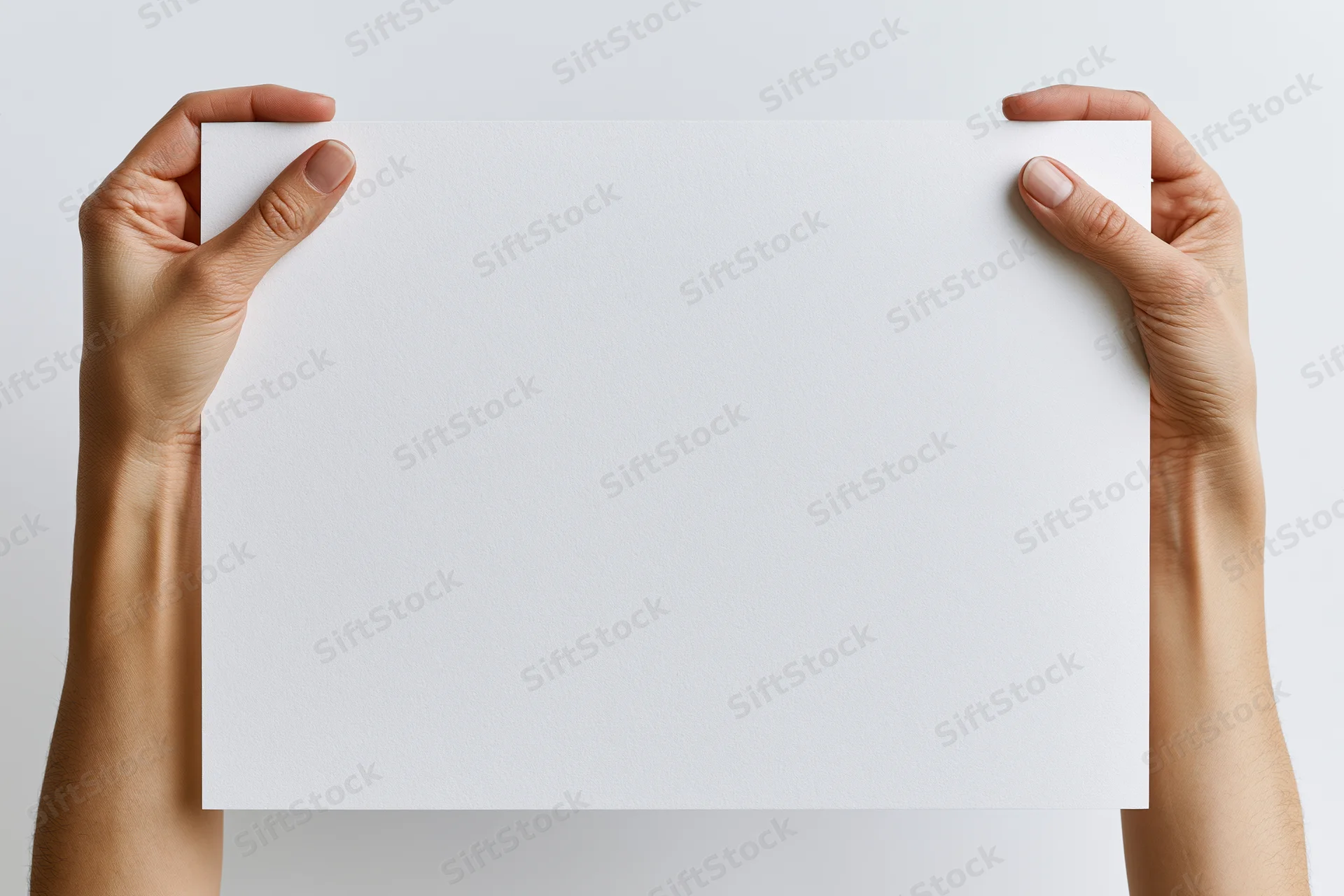 Hands holding blank white paper sheet by top edge against plain background