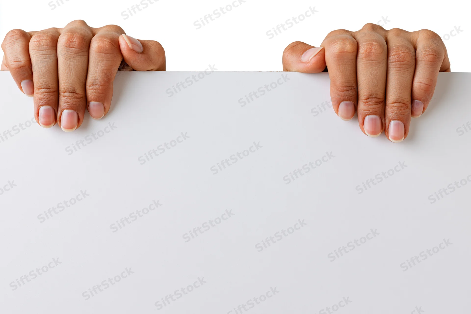 Hands gripping the top edge of a white blank sign