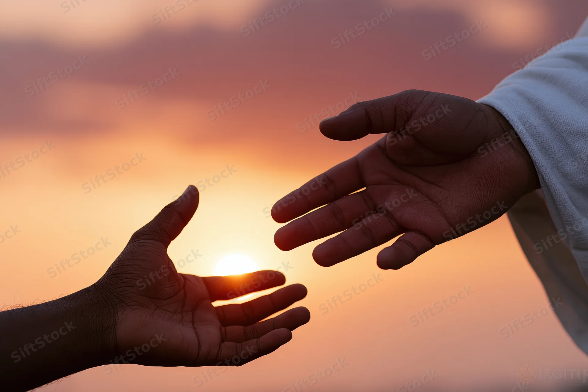 Two hands reaching toward each other against a sunset sky