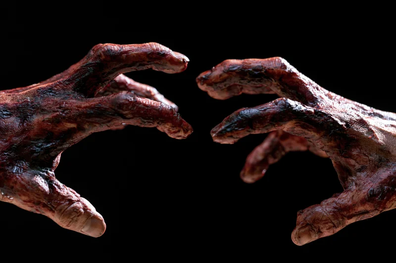 Two decayed zombie hands with clawed fingers reaching toward each other against black background