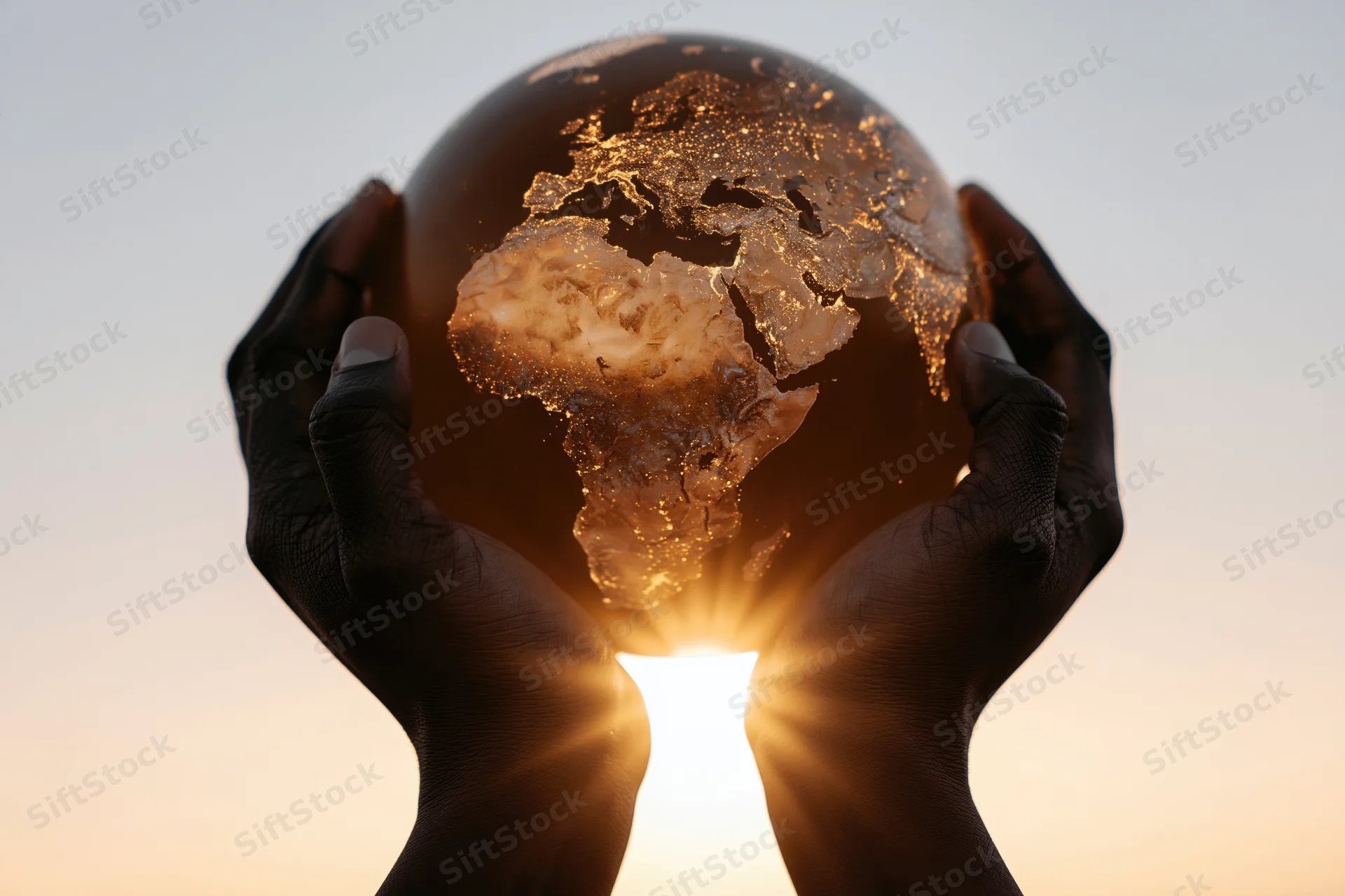 Black hands cupping a glowing earth globe against a sunrise sky