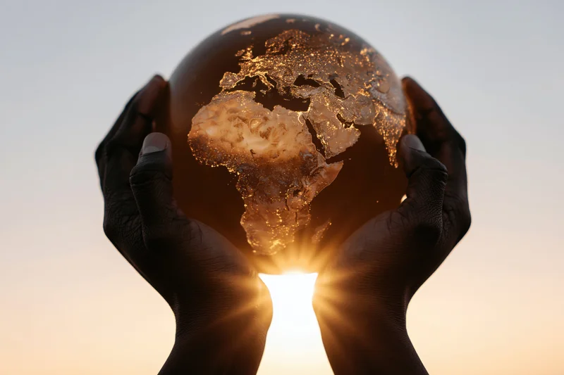 Black hands cupping a glowing earth globe against a sunrise sky