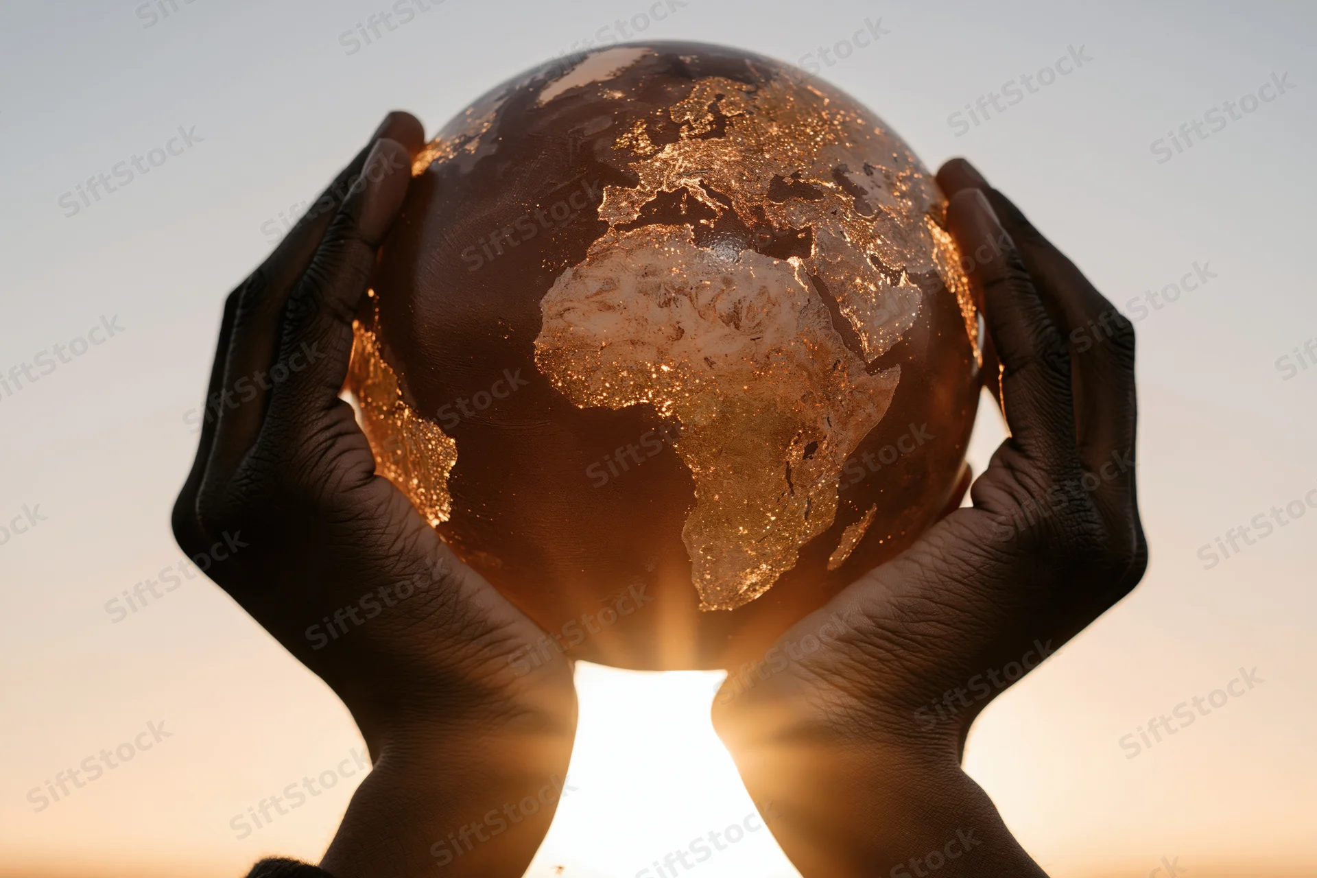 Hands cupping a glowing globe against a sunrise sky