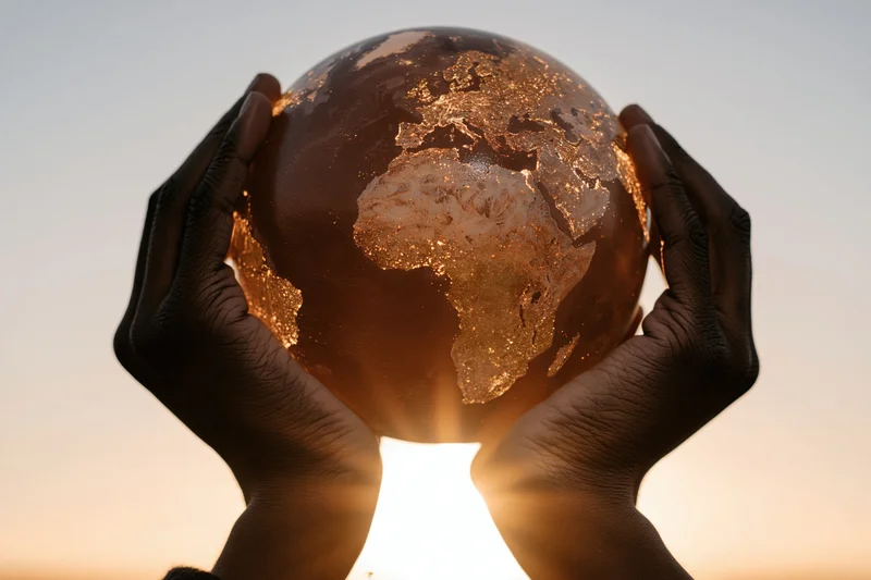 Hands cupping a glowing globe against a sunrise sky
