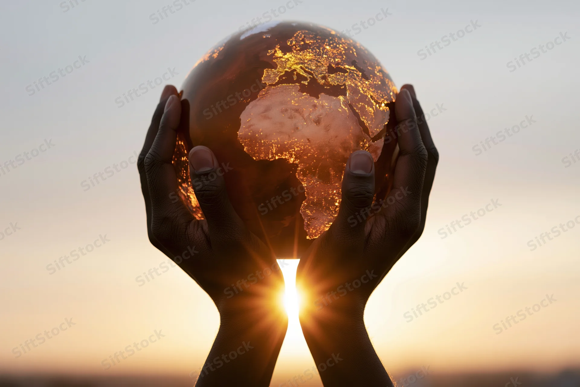 Hands cupping a glowing earth globe at sunset with city lights visible against the sky