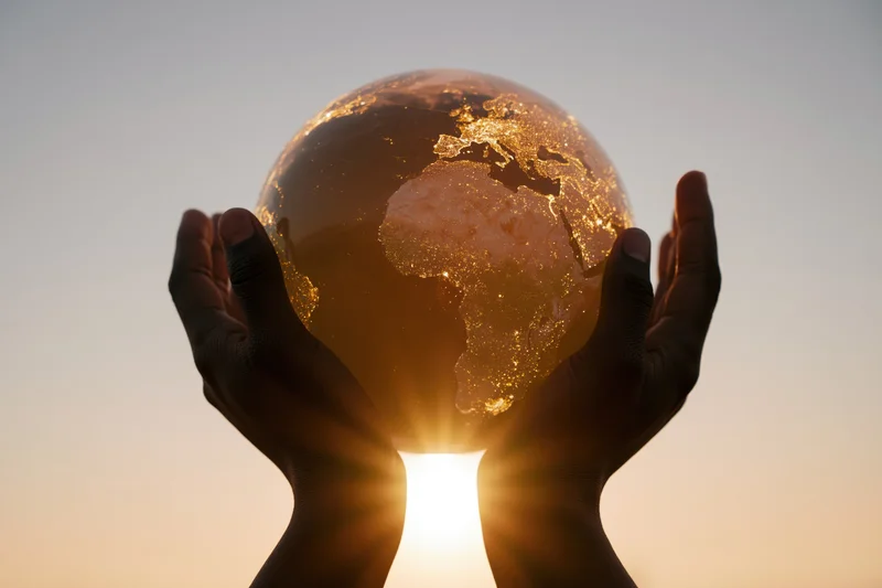 Hands cupping a glowing earth globe at sunset with city lights visible against the sky