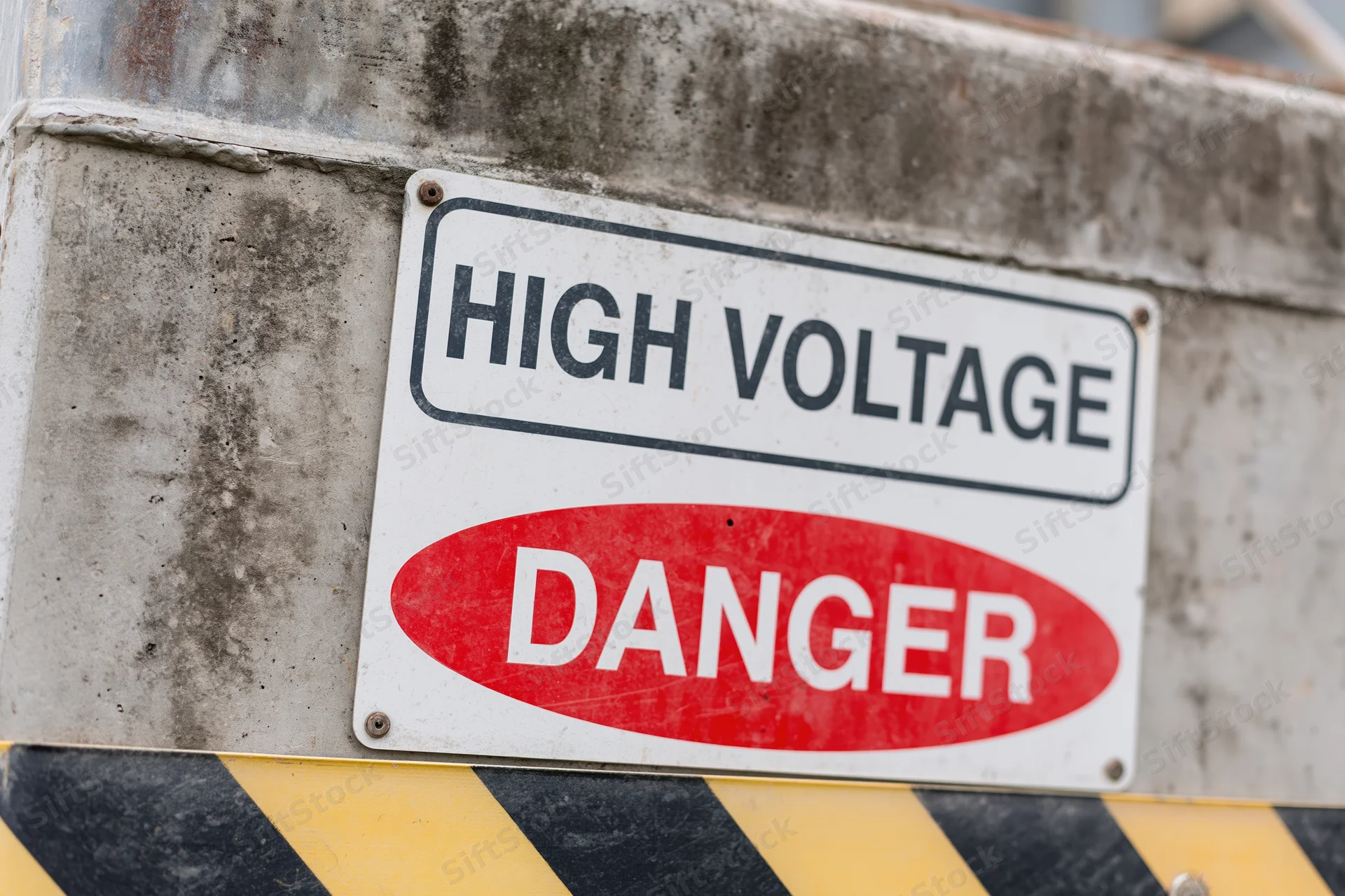 High voltage danger warning sign mounted on weathered concrete surface with yellow and black stripes