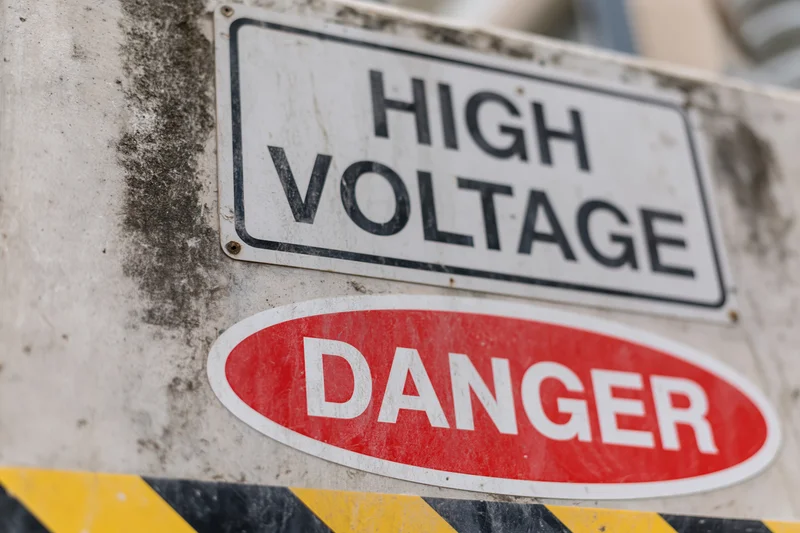 Two warning signs reading high voltage and danger mounted on a weathered concrete surface