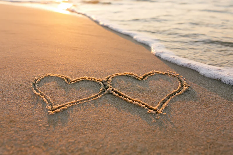 Two interlocking hearts drawn in wet sand on a beach at sunset