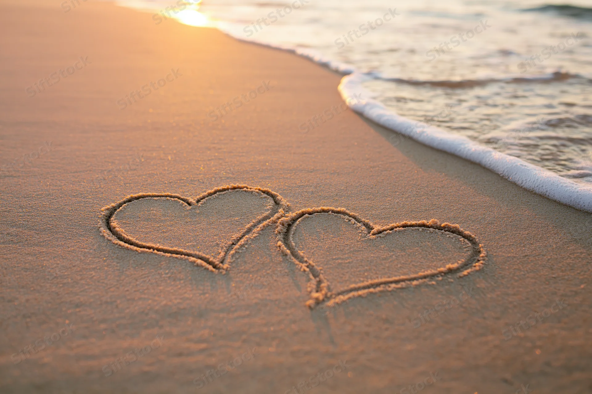 Two interlocking hearts drawn in wet sand on a beach at sunset
