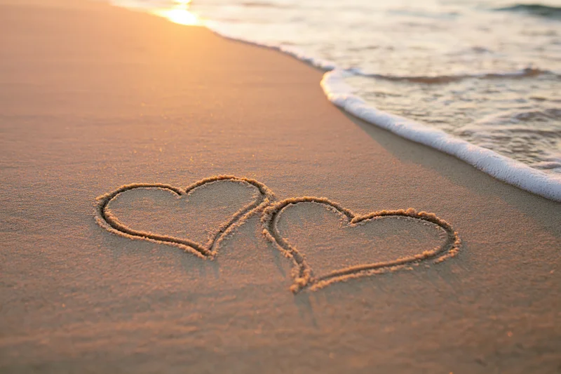 Two interlocking hearts drawn in wet sand on a beach at sunset