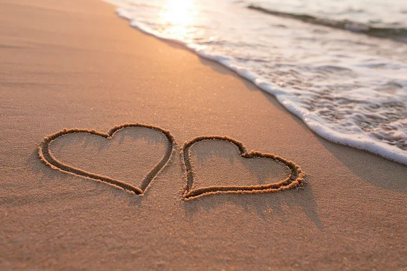 Two interlocking hearts drawn in wet sand on a beach at sunset near the ocean waves